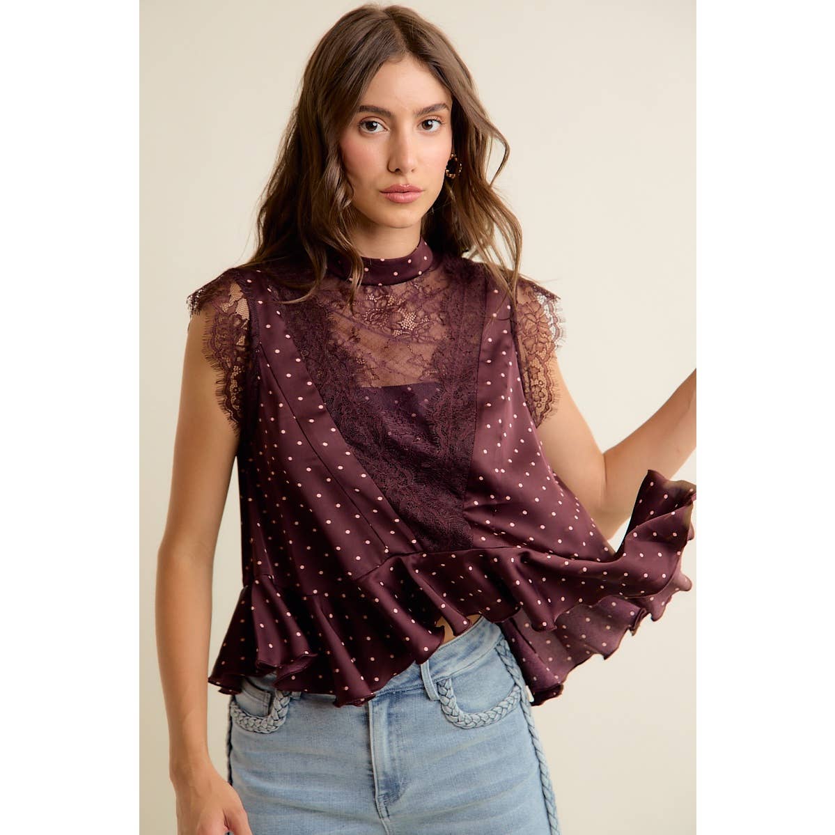 POLKA DOT SATIN LACE TRIM RUFFLED HIGH NECK BLOUSE TOP