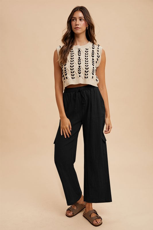 Black Cotton Gauze Cargo Wide Pants