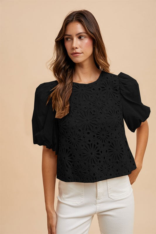 Black Mix Media Sequin Crochet Bodice Woven Blouse