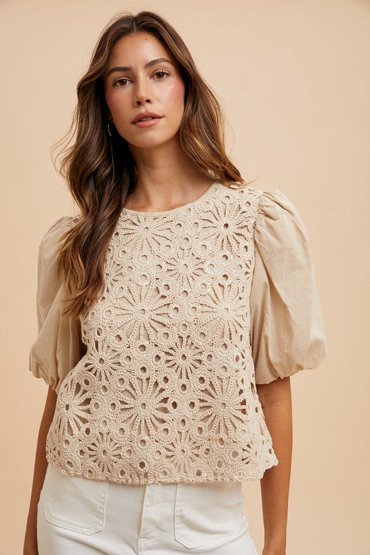 Mix Media Sequin Crochet Bodice Woven Blouse