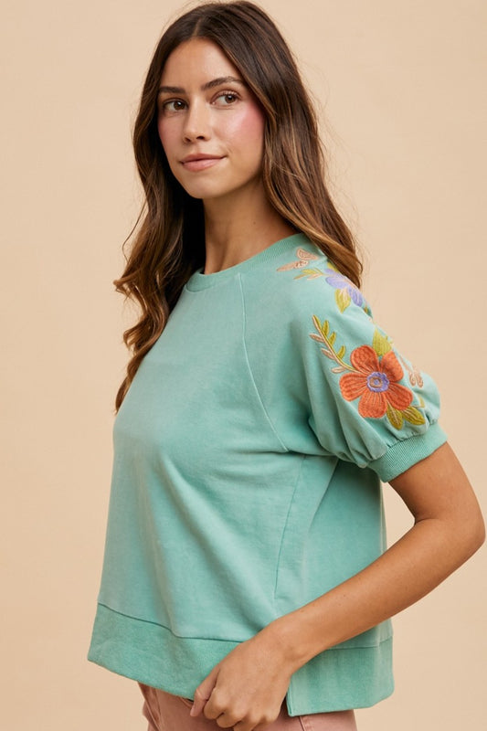 Mineral Wash Embroidered Bubble Sleeve Sweatshirt