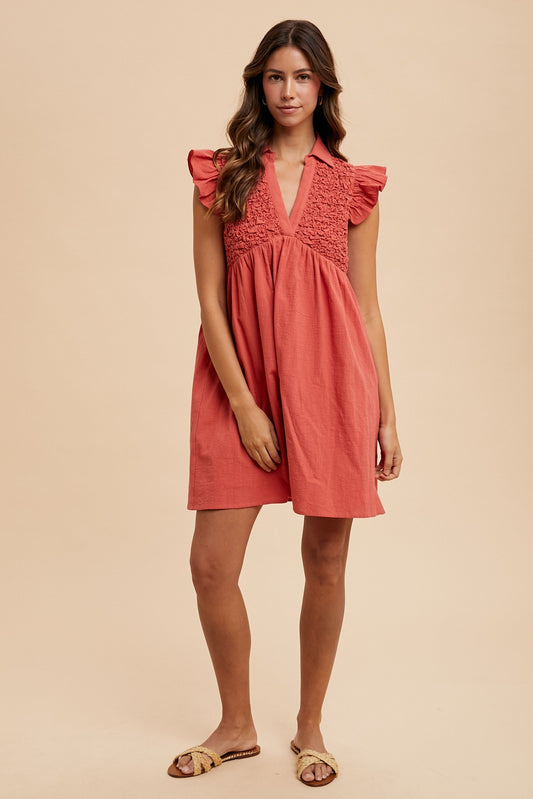 Popcorn Smocking Ruffle Sleeve Babydoll Mini Dress