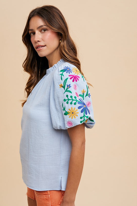 Embroidered Balloon Sleeve Cotton Gauze Blouse