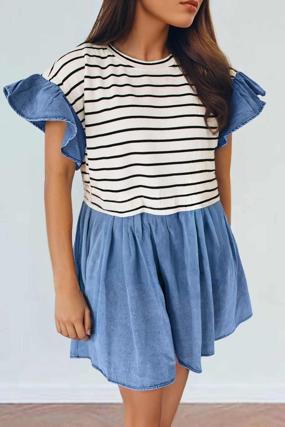 Stripe Ruffle Denim Patchwork  Dress