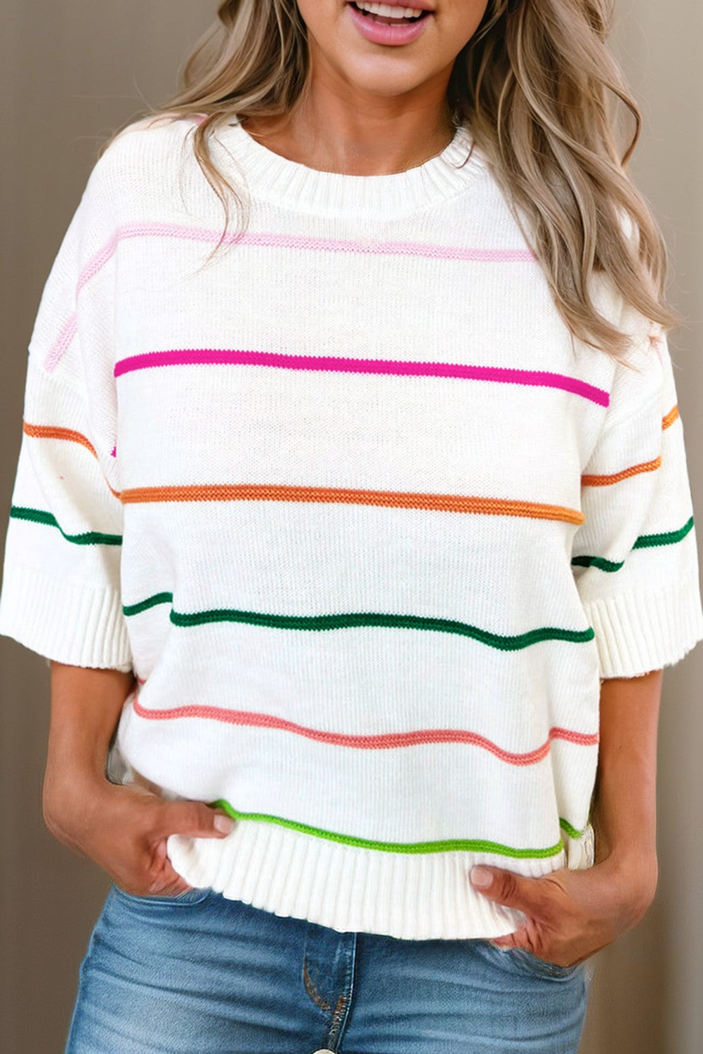 Striped Half Sleeve Drop Shoulder Sweater