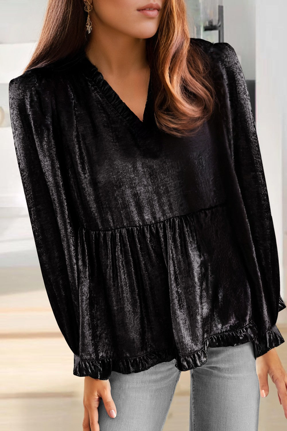 Metallic Frilled V Neck Babydoll Blouse