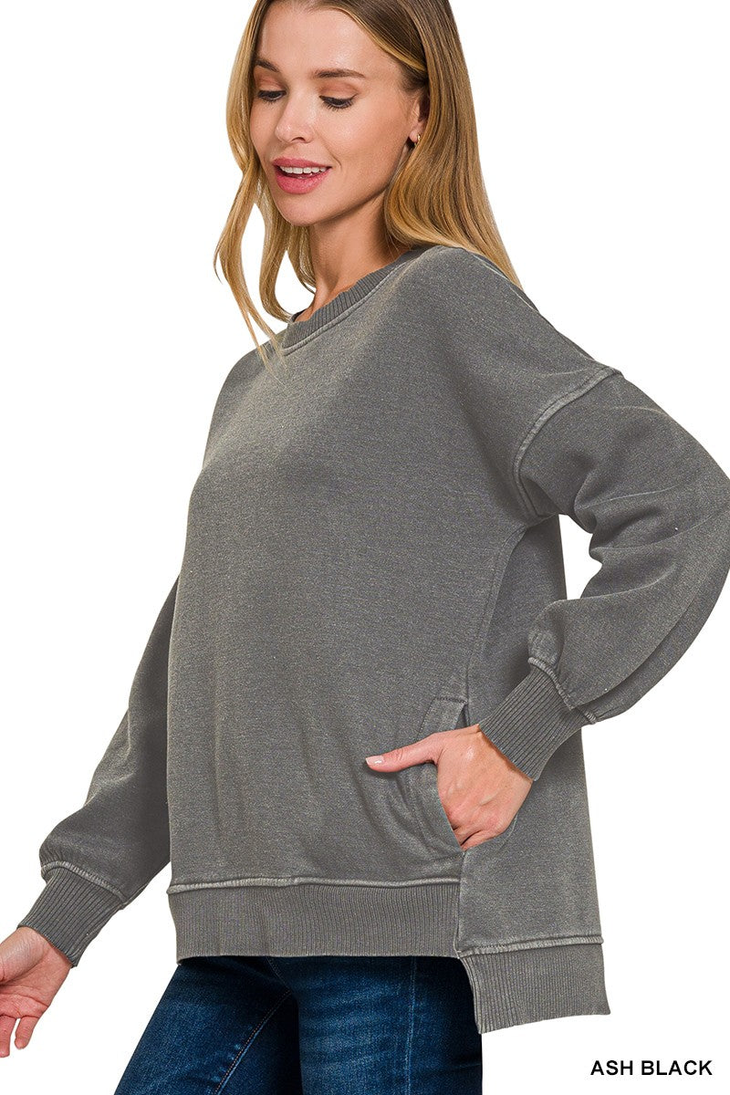 PIGMENT DYE FLEECE HI-LOW HEM PULLOVER WITH POCKET