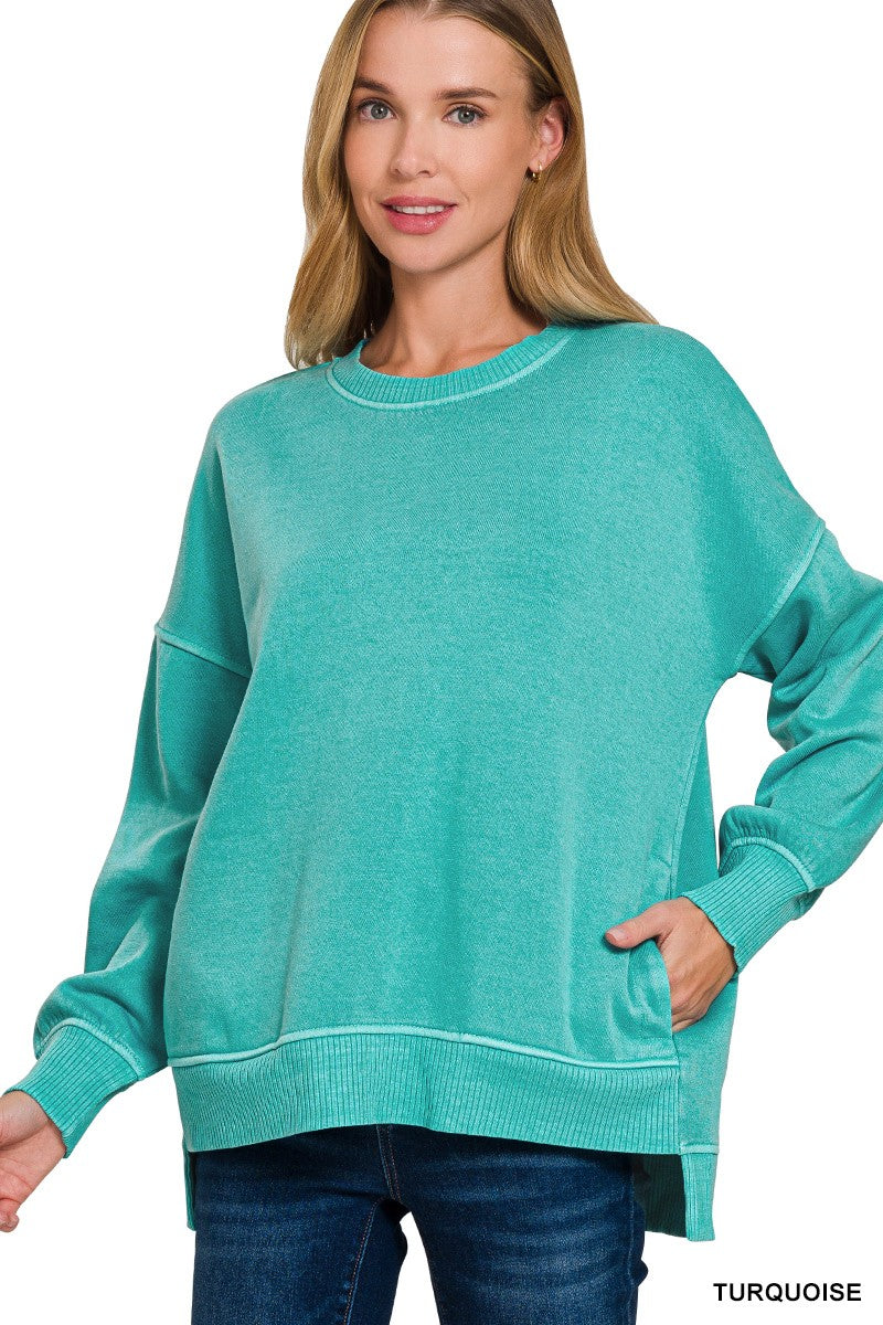 PIGMENT DYE FLEECE HI-LOW HEM PULLOVER WITH POCKET