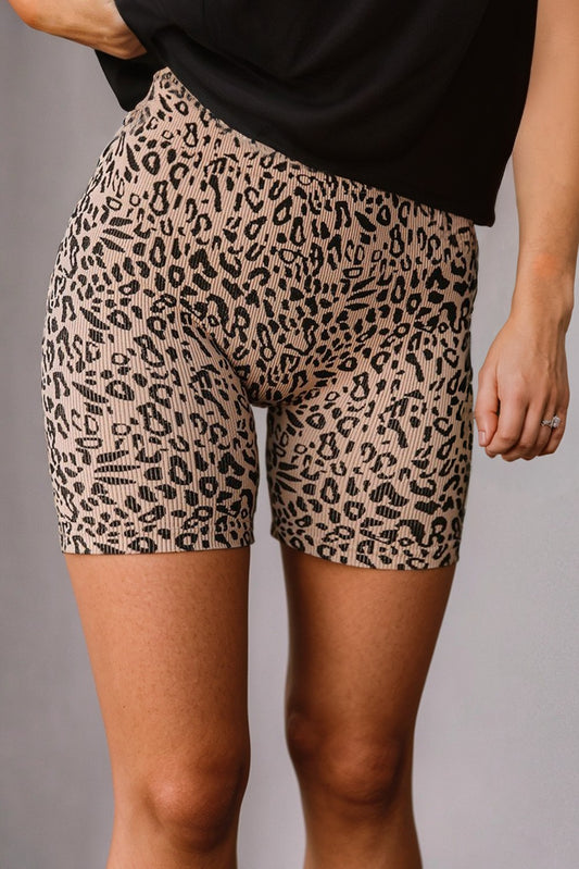 Leopard Print Ribbed Textured Knit Biker Shorts