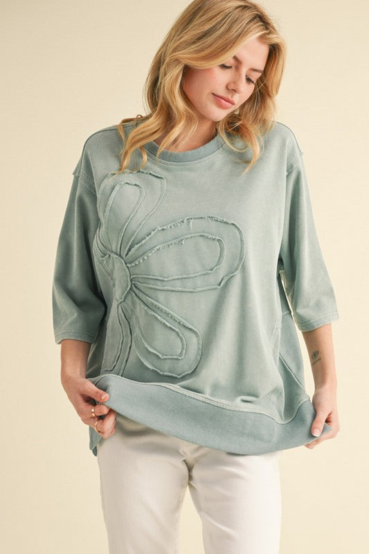 Sage Flower Embroidery 3/4 Dolman Sleeves Top
