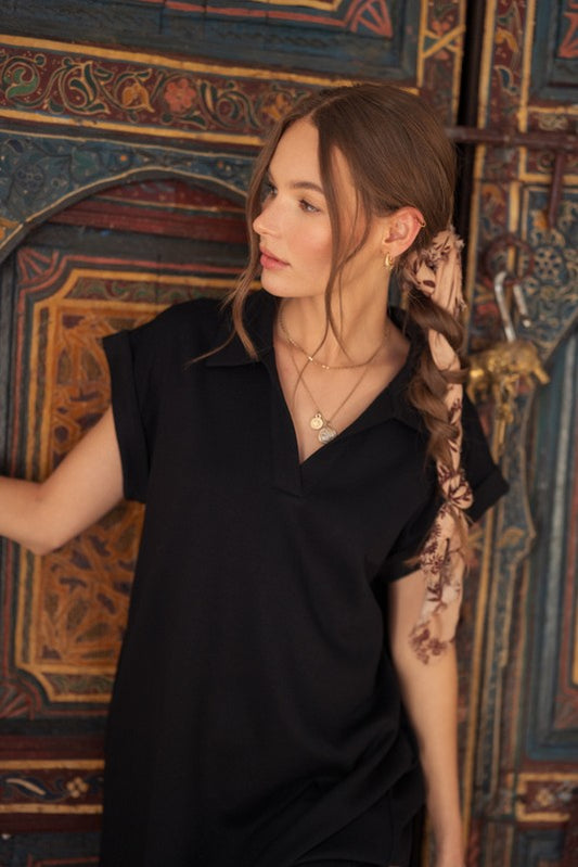 Solid Collared Midi Dress With Pockets