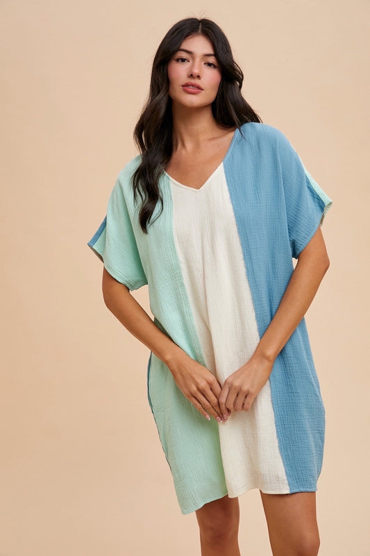 Color Block Cotton Gauze Loose Fit Dress