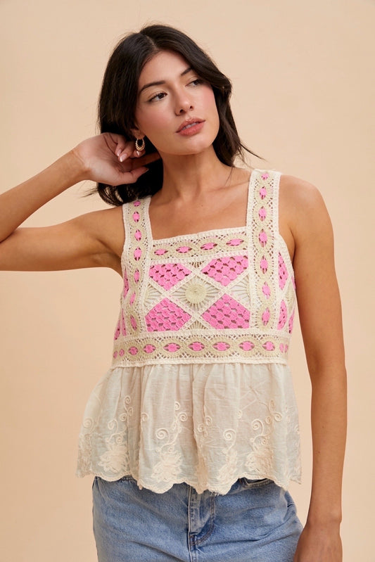 Mix Media Embroidered Peplum Crochet Sweater Tank