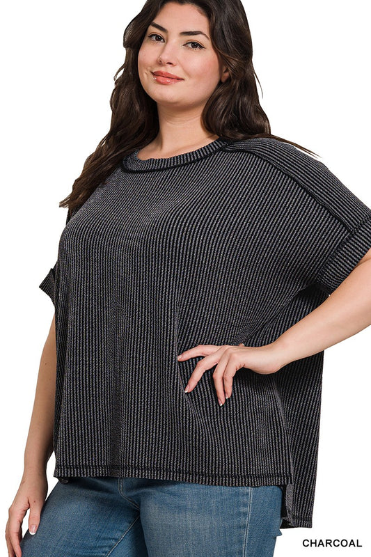 Curvy Corded Rib Cuff Sleeve Raw Edge Top