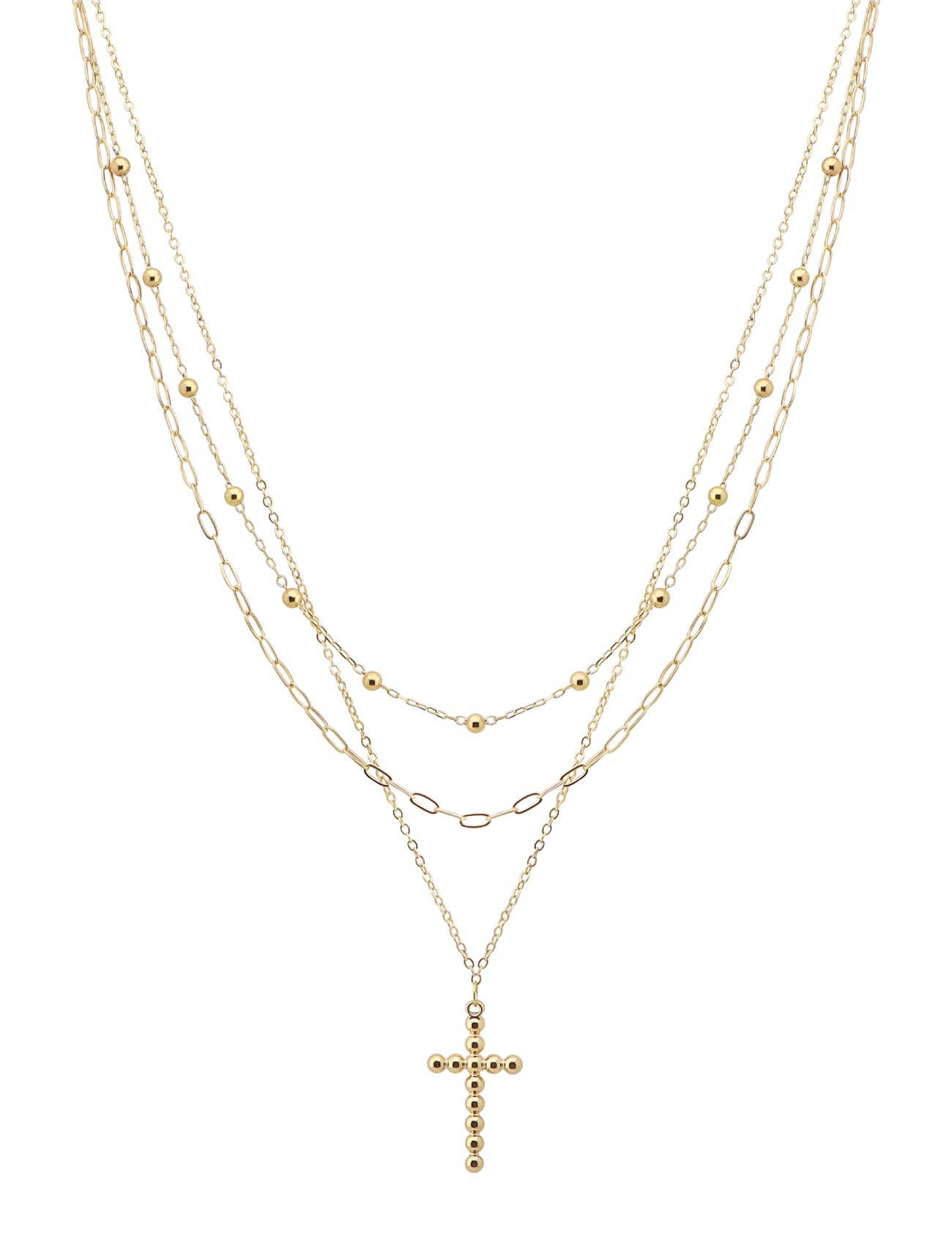 Gold Triple Layered with Bubble Cross Charm 16"-18" Necklace