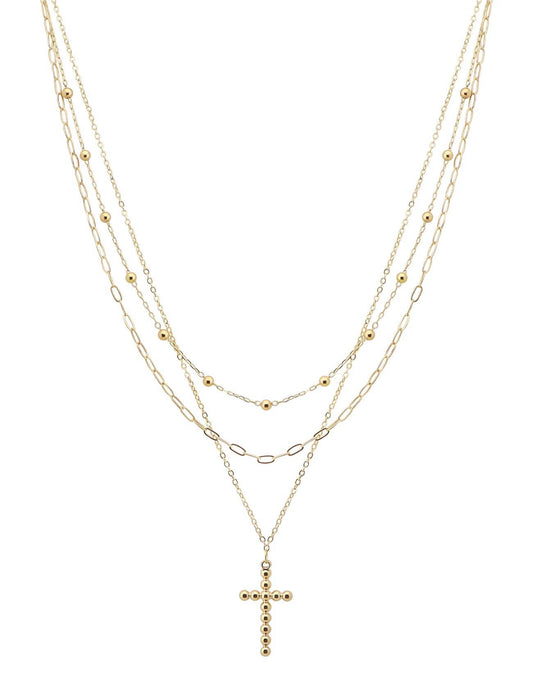 Gold Triple Layered with Bubble Cross Charm 16"-18" Necklace