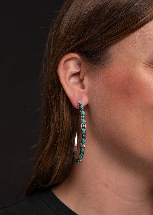 2.5" Burnished Silver and Turquoise Petite Point Style Hoop