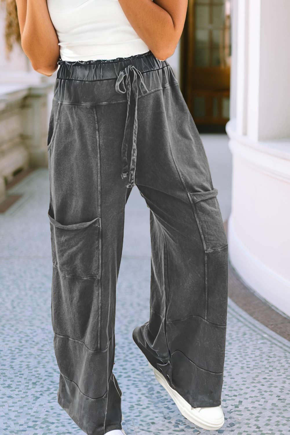 Mineral Wash Lace-up High Waist Raw Hem Patched Pants