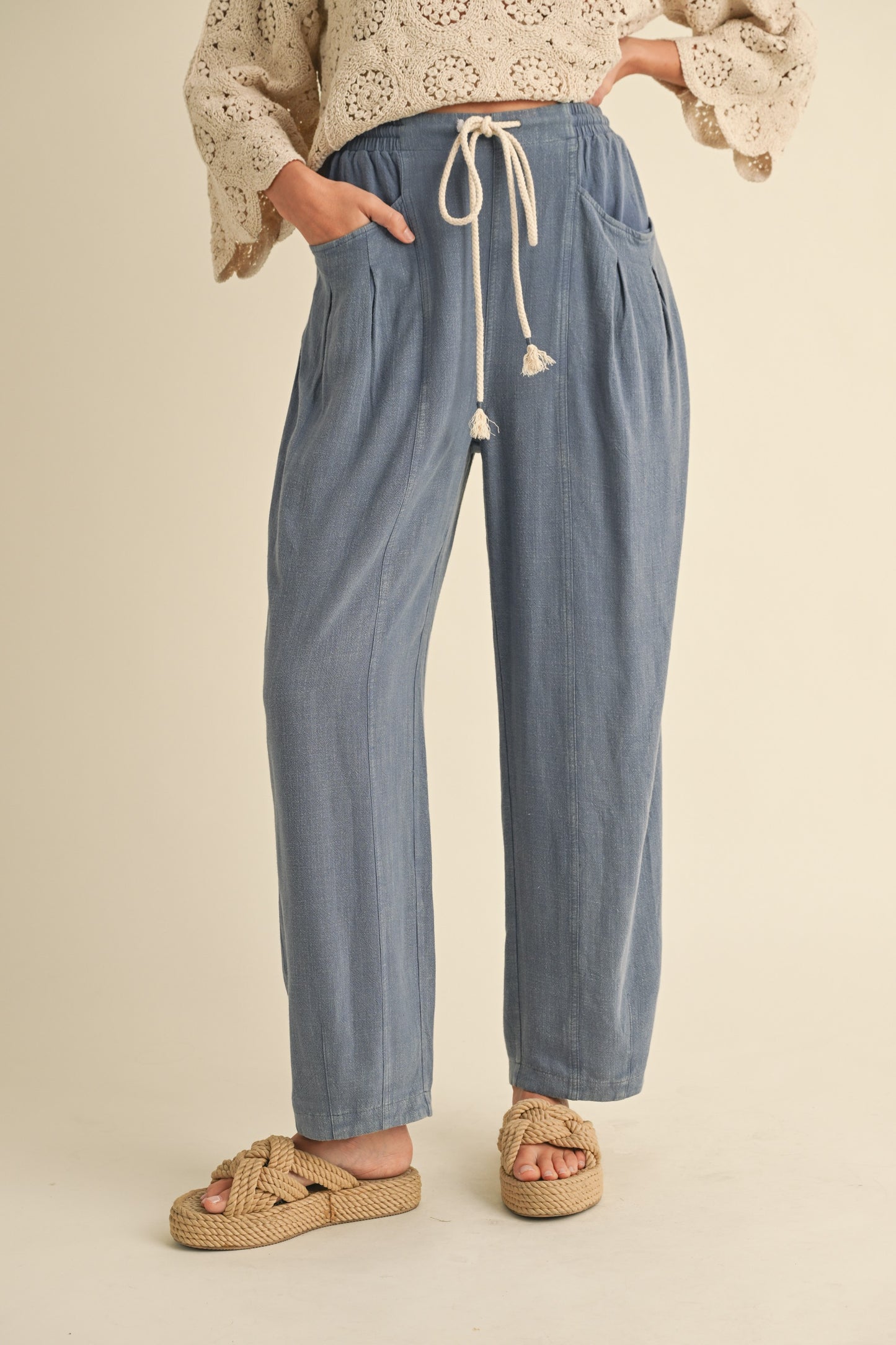 Waist Belted Linen Blend Barrel Leg Loose Pants