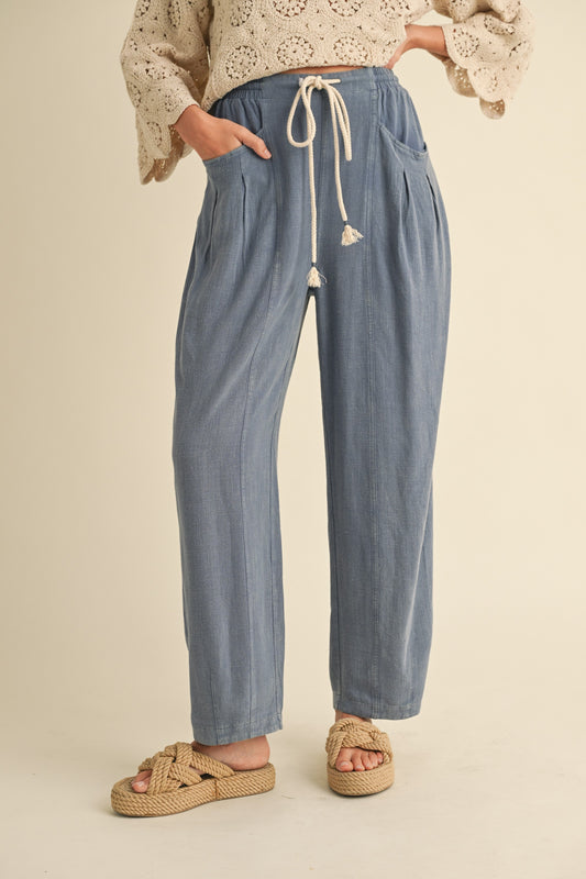 Waist Belted Linen Blend Barrel Leg Loose Pants