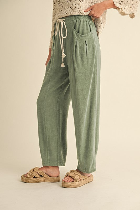 Waist Belted Linen Blend Barrel Leg Loose Pants