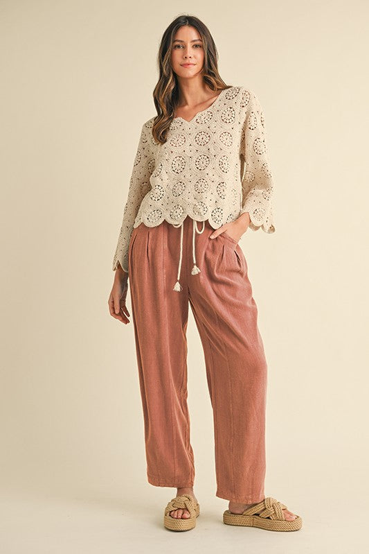 Waist Belted Linen Blend Barrel Leg Loose Pants