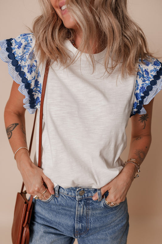 Floral Striped Patchwork Flutter Sleeve Blouse
