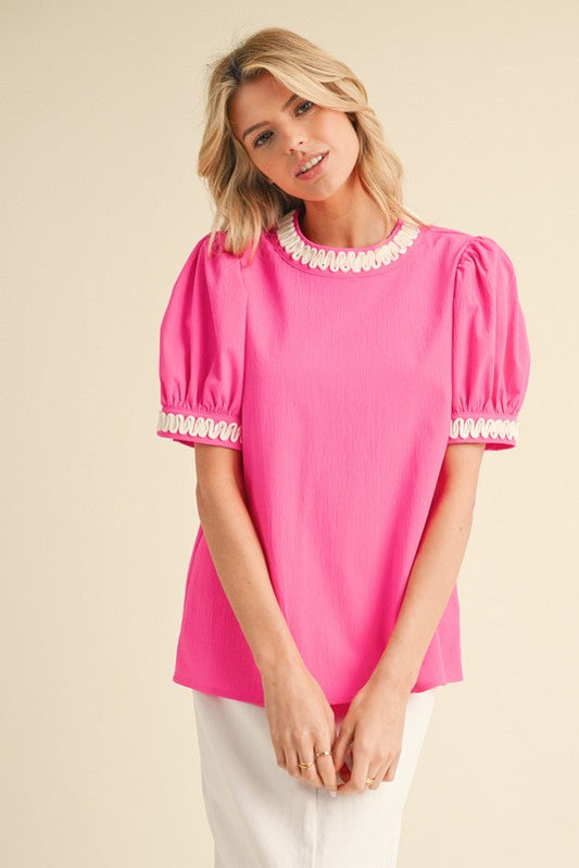Hot Pink Solid Puffed Short Sleeves Top