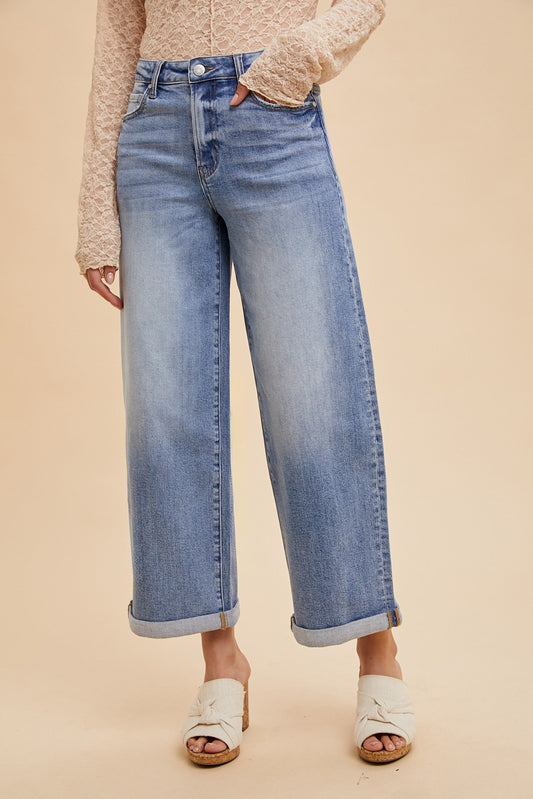 Stretch High Rise Wide Leg Roll-up Jean