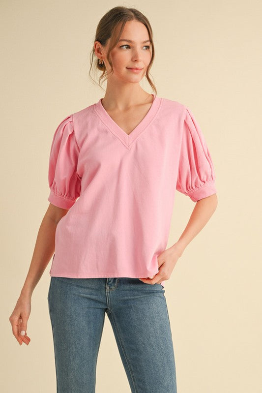 Cotton Solid V-neck Top