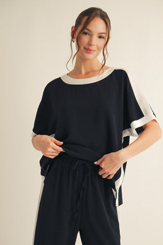 Solid Stripes Edge Dolman Sleeves Top
