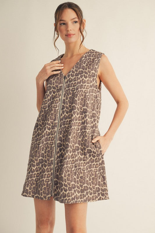 Front Zip Up Animal Print Dress