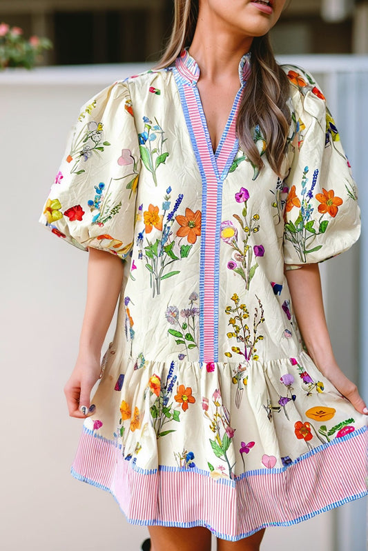 Striped And Floral Print Frill Neck Mini Dress