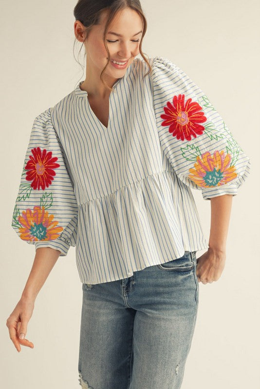 Embroidered Stripe Babydoll Top