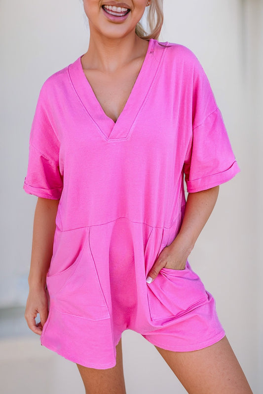 Pink Loose Half Sleeve V Neck Plain Romper