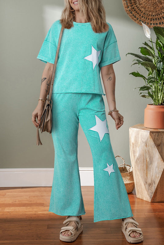 Mint Mineral Wash Star Patched Loose Pants Set