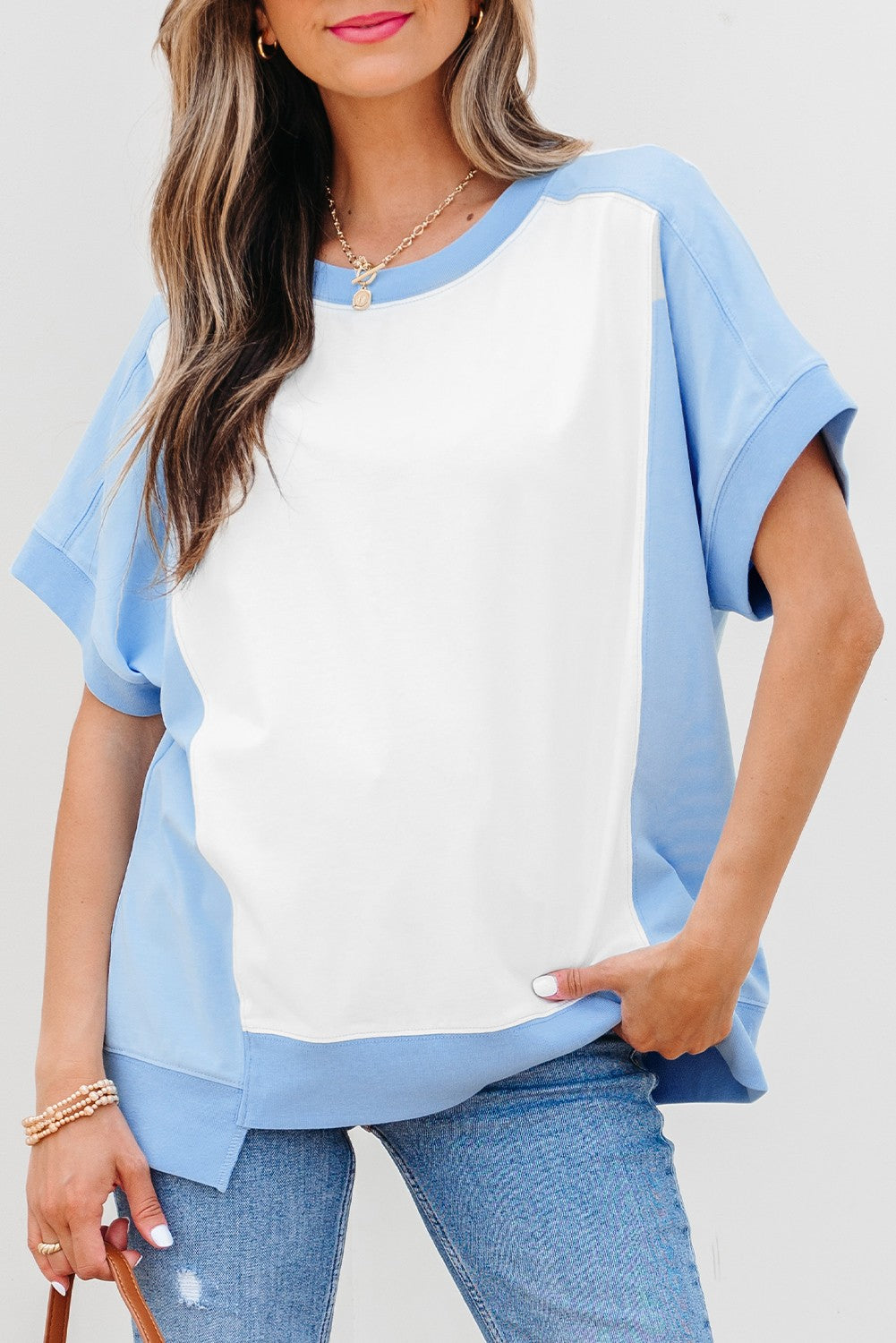 Blue Colorblock Patchwork Crew Neck T Shirt