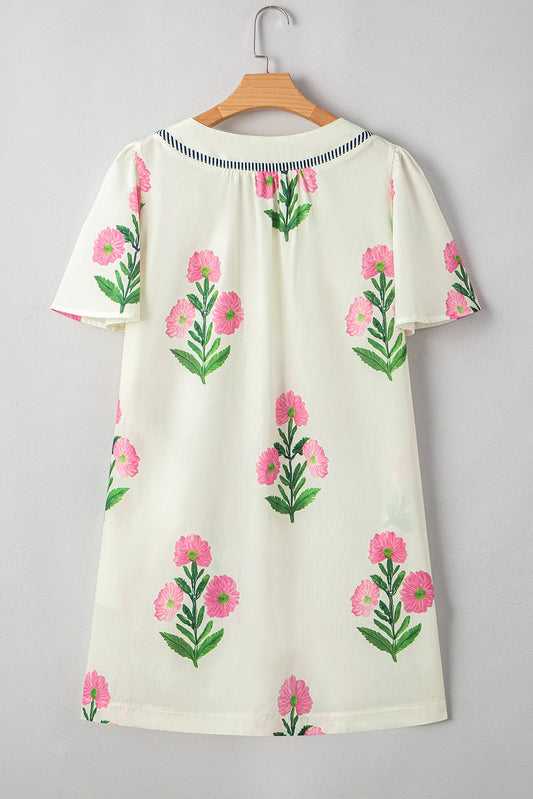 Striped Short Sleeve Split Neck Floral Mini Dress