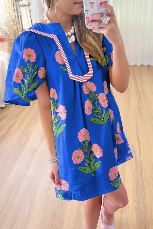 Blue Striped Short Sleeve Split Neck Floral Mini Dress