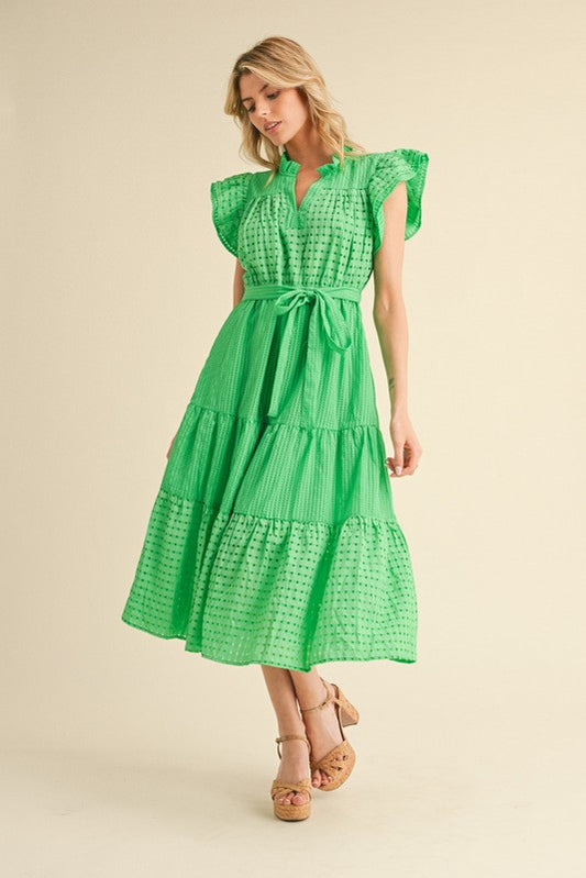 Textured Belted Midi Tiered Dress
