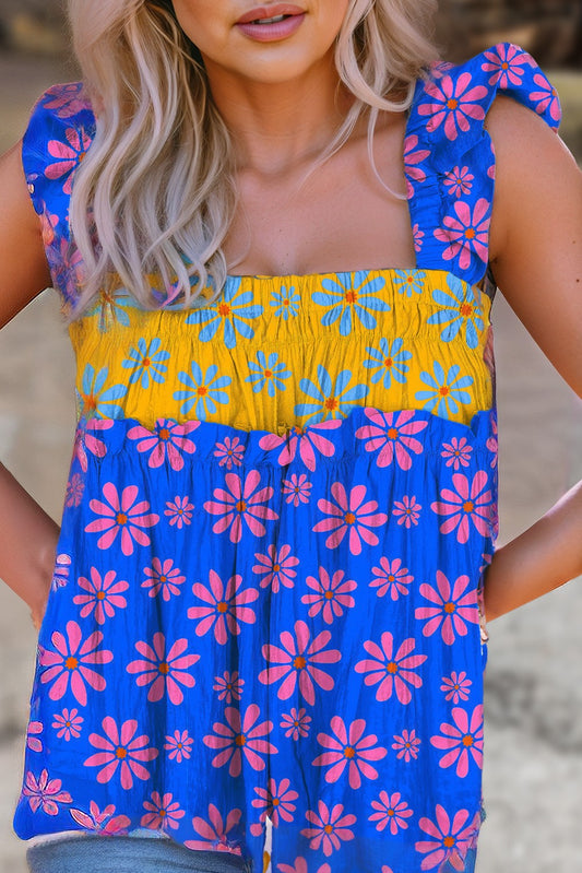 Flower Colorblock Smocked Flutter Straps Flowy Top