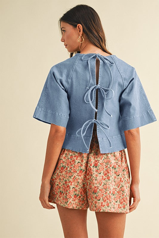 Stretch Denim Tie Back Detail Blouse