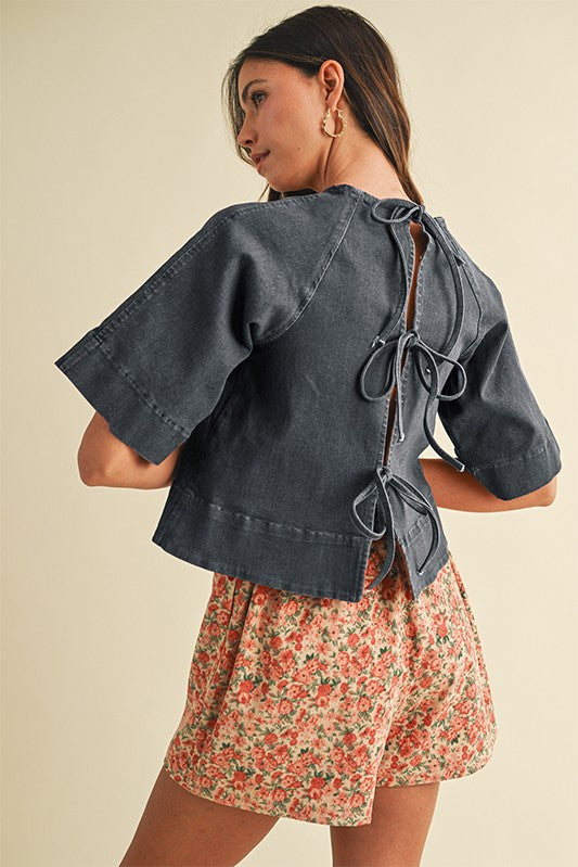 Stretch Denim Tie Back Detail Blouse