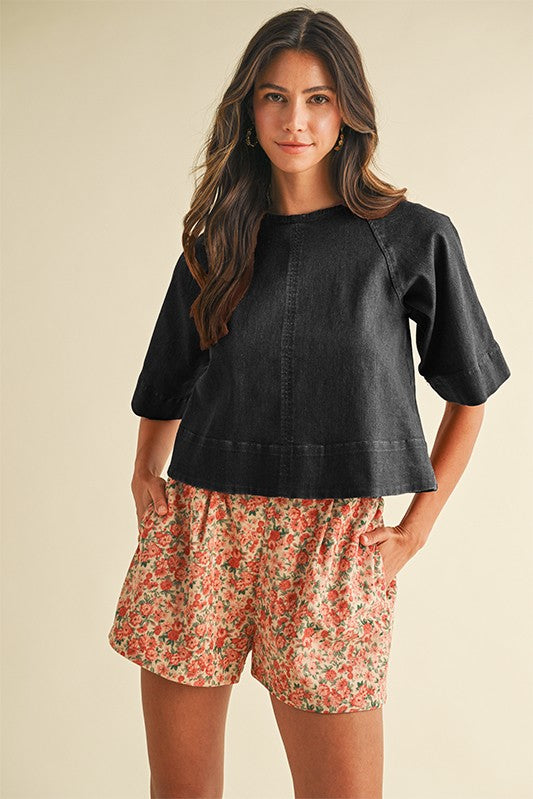 Stretch Denim Tie Back Detail Blouse