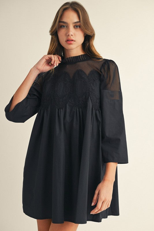 Crochet Lace Trim Accent Babydoll Dress