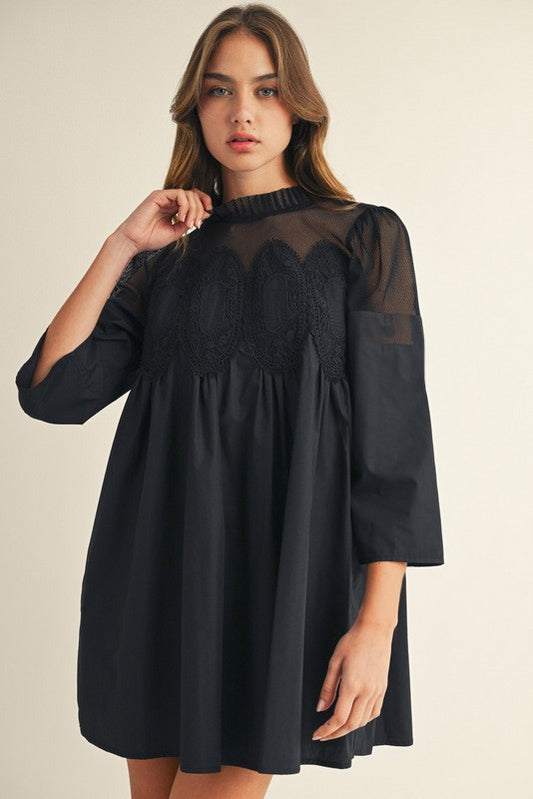 Crochet Lace Trim Accent Babydoll Dress
