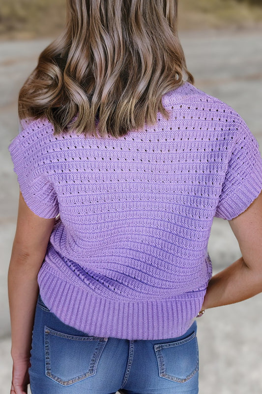 Purple Solid Color Ribbed Trim Pointelle Knit Top