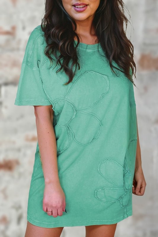Mineral Wash Flower Patchwork Mini T Shirt Dress