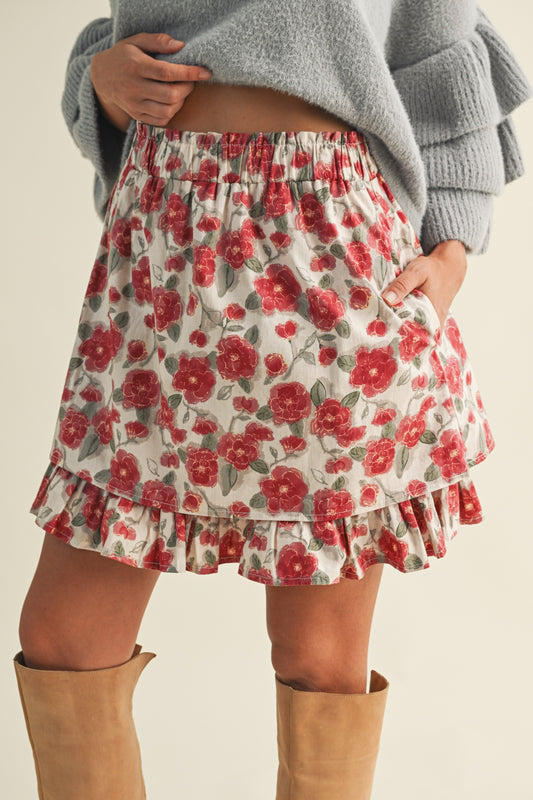 Floral Print Layered Ruffle Hem Mini Skirt