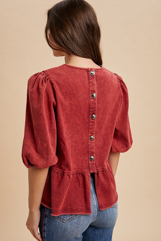 Rust Denim Ruffle Detail Back-button Blouse